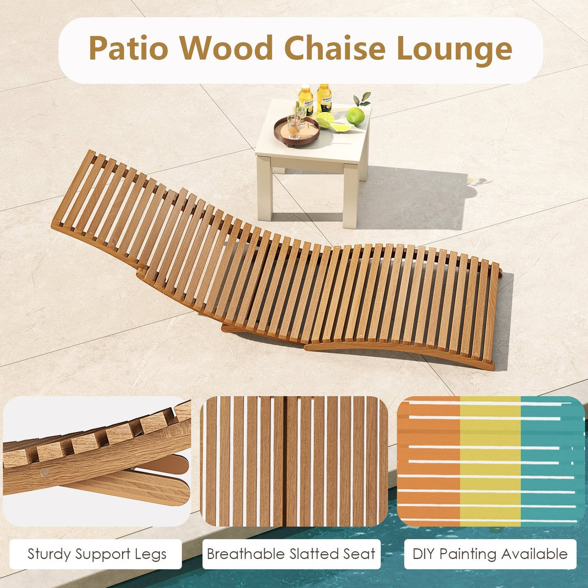 Teak Wood Folding Chaise Lounge with Slatted Contoured Seat, 330 lb