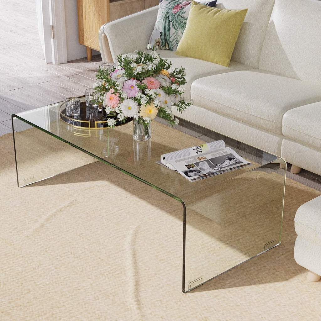 40 Inch Bent Tempered Glass Coffee Table with Rounded Edges for the Living Room