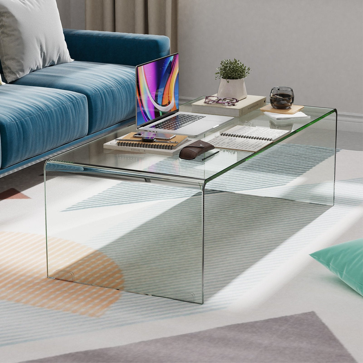 40 Inch Bent Tempered Glass Coffee Table with Rounded Edges for the Living Room