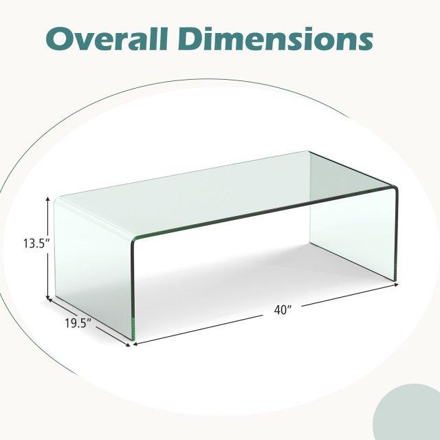 40 Inch Bent Tempered Glass Coffee Table with Rounded Edges for the Living Room