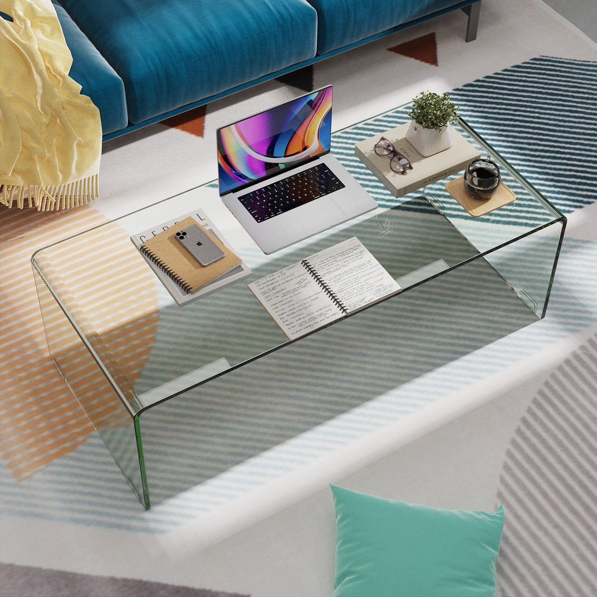 40 Inch Bent Tempered Glass Coffee Table with Rounded Edges for the Living Room