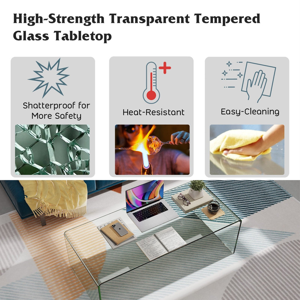 40 Inch Bent Tempered Glass Coffee Table with Rounded Edges for the Living Room