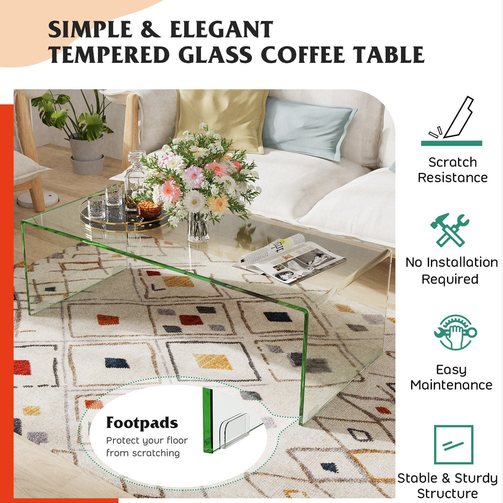 40 Inch Bent Tempered Glass Coffee Table with Rounded Edges for the Living Room
