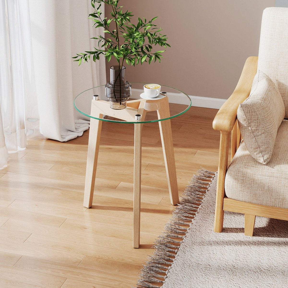 Tempered Glass End Table Round with Solid Rubber Wood Structure-1 Piece