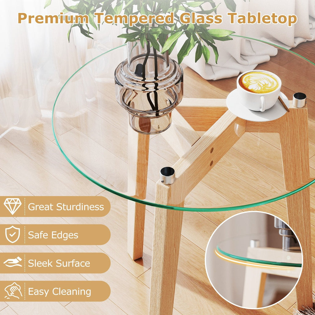 Tempered Glass End Table Round with Solid Rubber Wood Structure-1 Piece