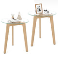 Tempered Glass End Table Round with Solid Rubber Wood Structure-Set of 2