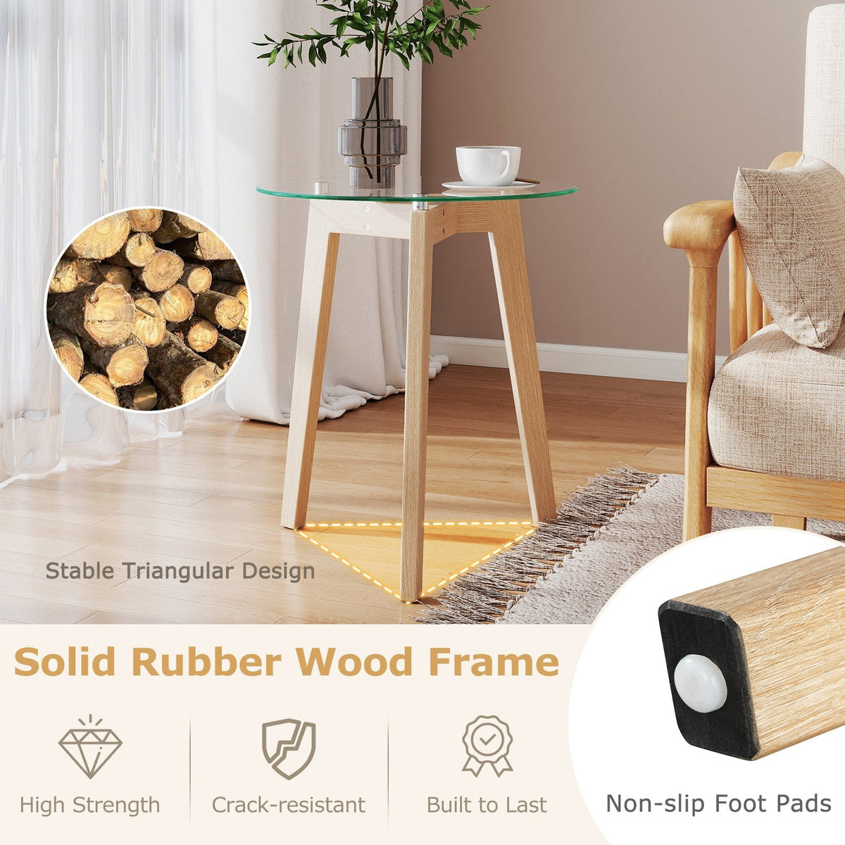 Tempered Glass End Table Round with Solid Rubber Wood Structure-Set of 2