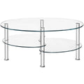 Oval Clear Tempered Glass Coffee Table with 2 Lower Shelves and Chrome Legs