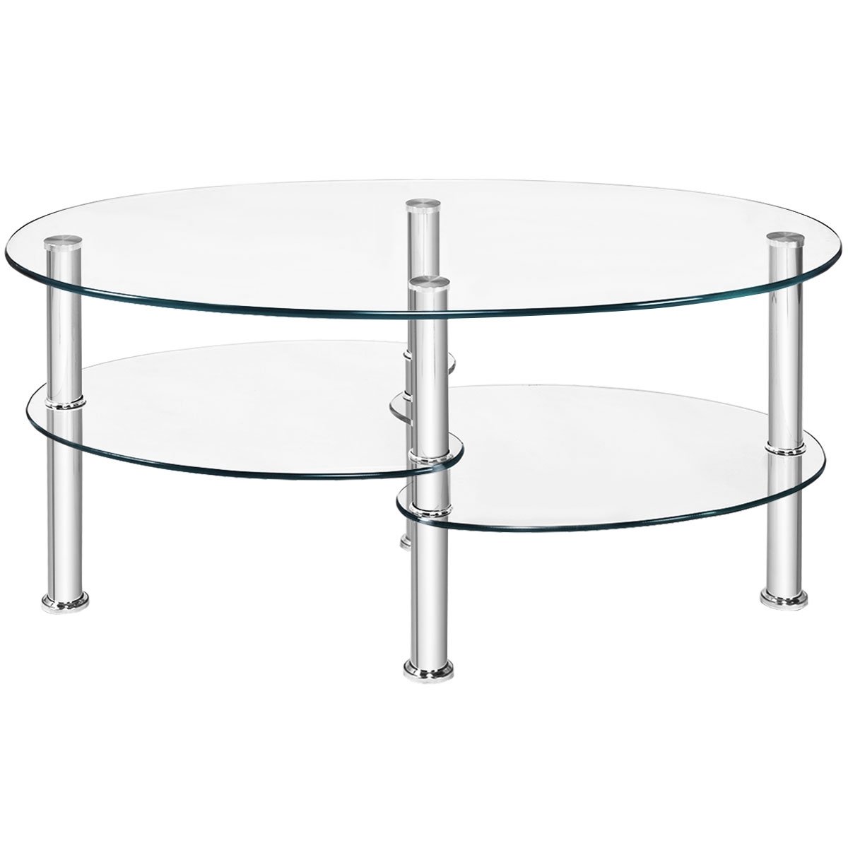 Oval Clear Tempered Glass Coffee Table with 2 Lower Shelves and Chrome Legs