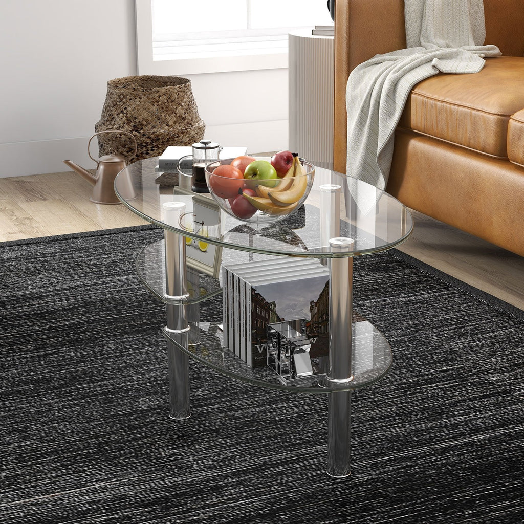 Oval Clear Tempered Glass Coffee Table with 2 Lower Shelves and Chrome Legs