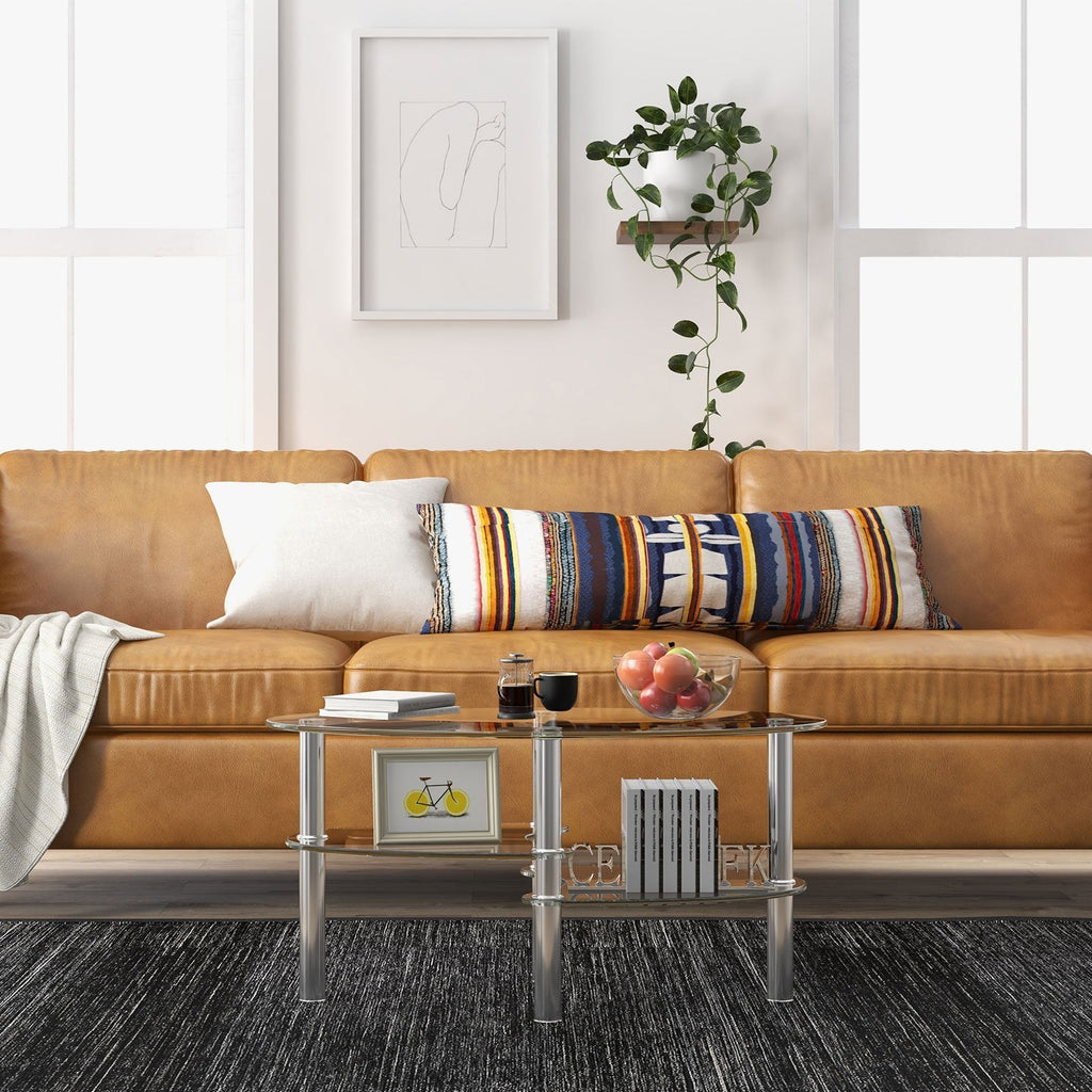 Oval Clear Tempered Glass Coffee Table with 2 Lower Shelves and Chrome Legs
