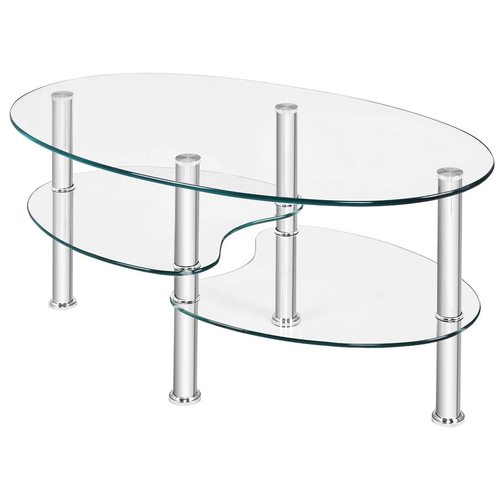 Oval Clear Tempered Glass Coffee Table with 2 Lower Shelves and Chrome Legs
