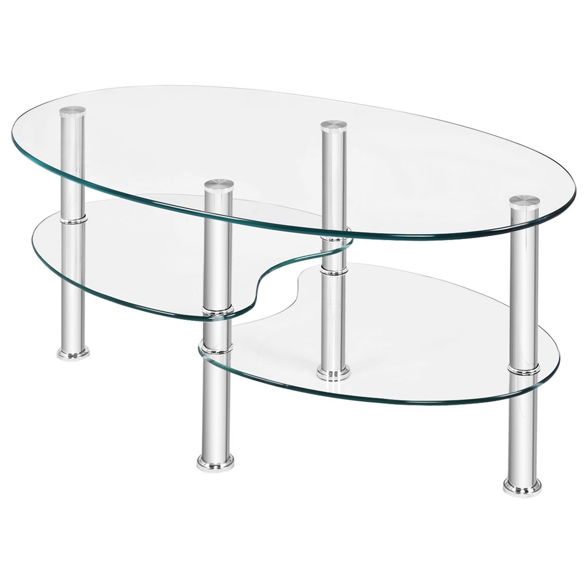 Oval Clear Tempered Glass Coffee Table with 2 Lower Shelves and Chrome Legs