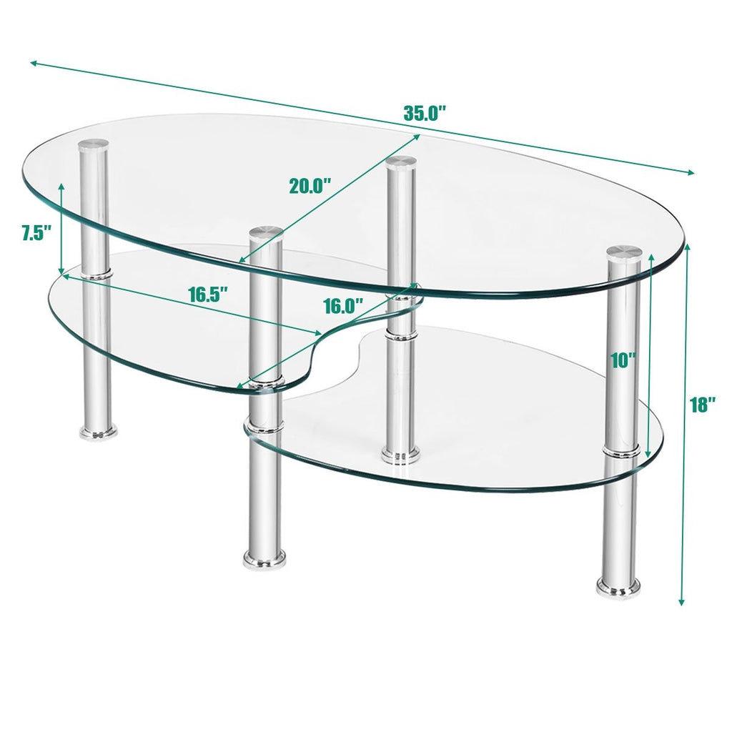 Oval Clear Tempered Glass Coffee Table with 2 Lower Shelves and Chrome Legs