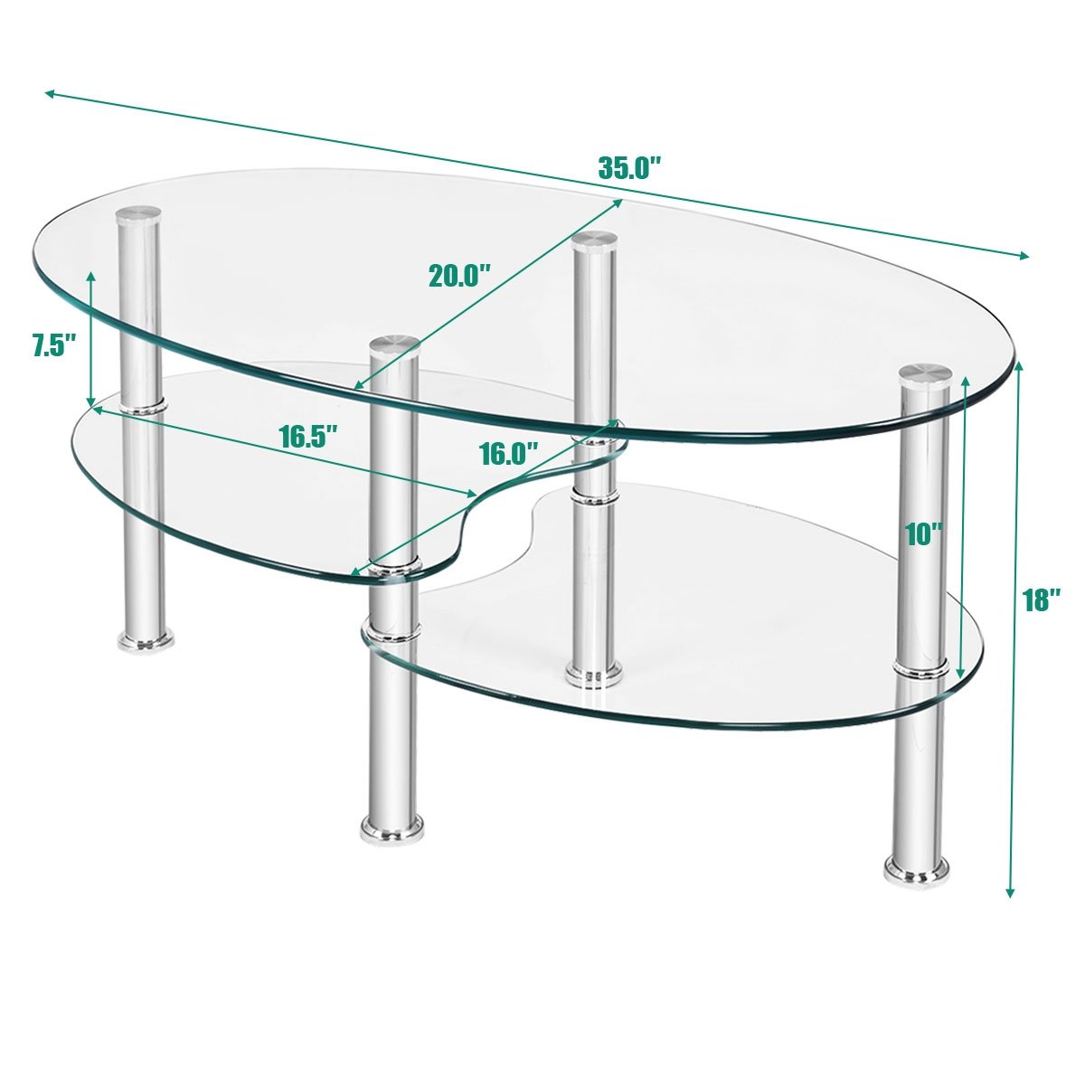 Oval Clear Tempered Glass Coffee Table with 2 Lower Shelves and Chrome Legs