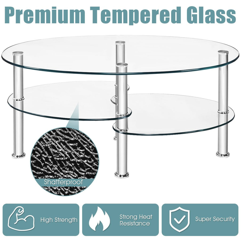 Oval Clear Tempered Glass Coffee Table with 2 Lower Shelves and Chrome Legs