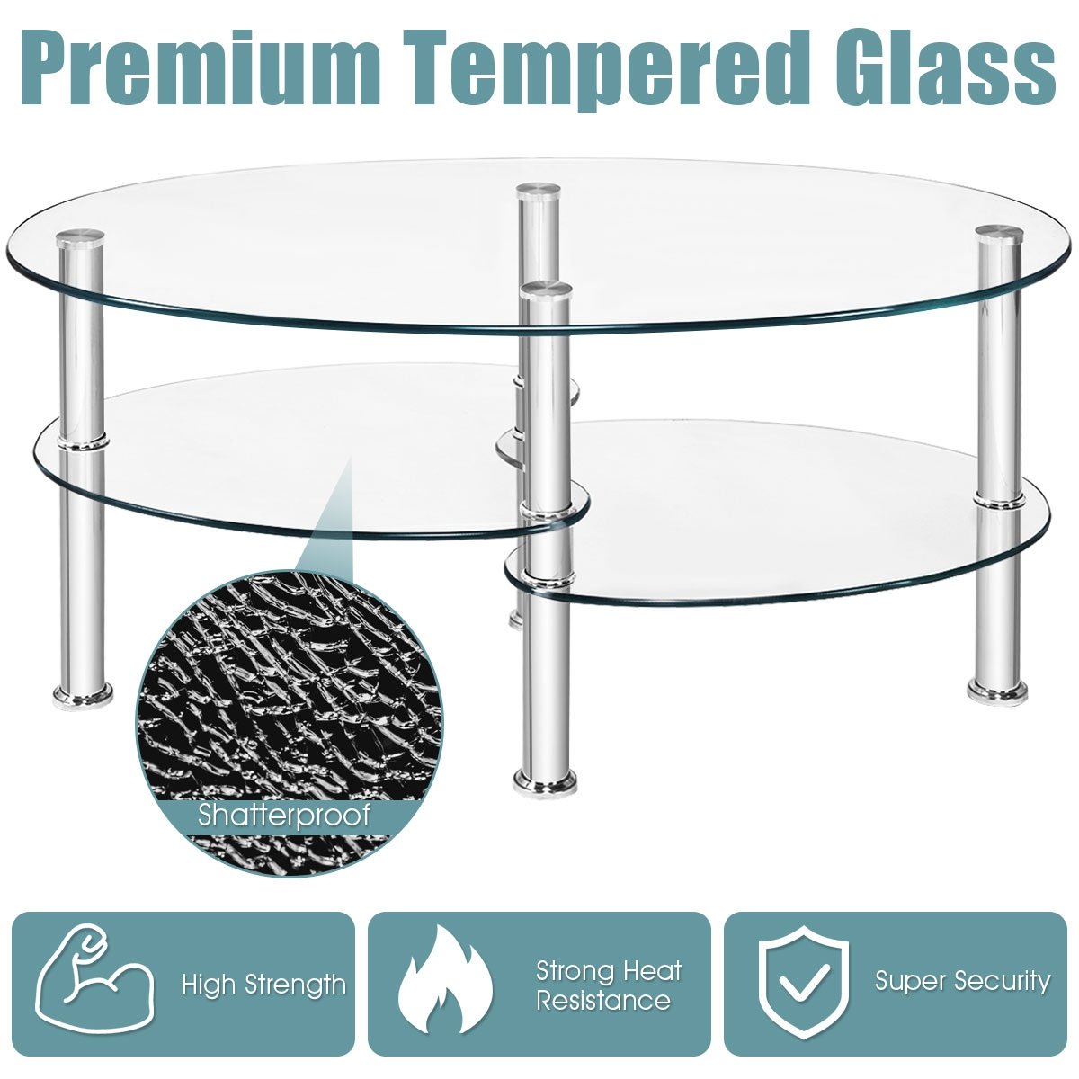 Oval Clear Tempered Glass Coffee Table with 2 Lower Shelves and Chrome Legs