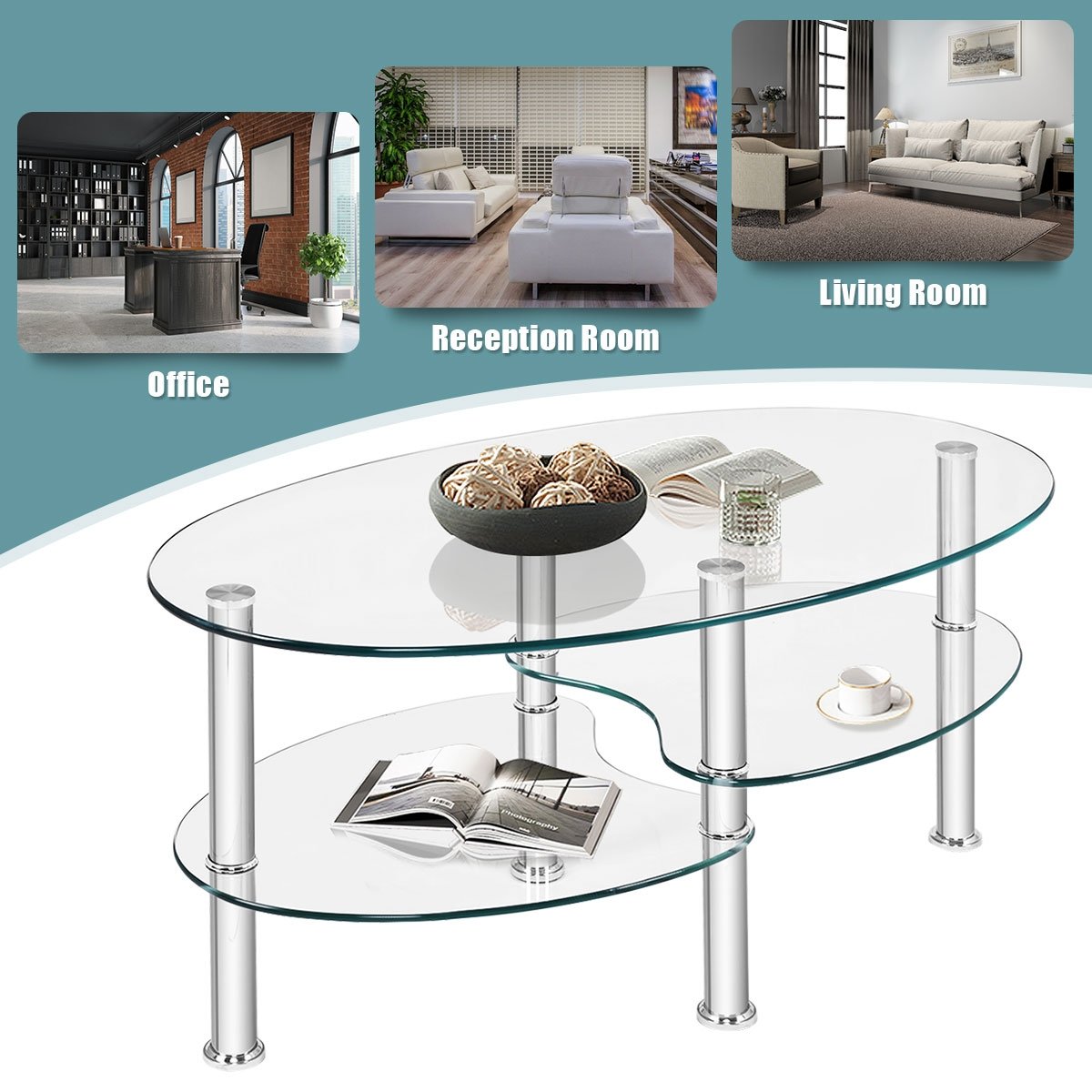 Oval Clear Tempered Glass Coffee Table with 2 Lower Shelves and Chrome Legs