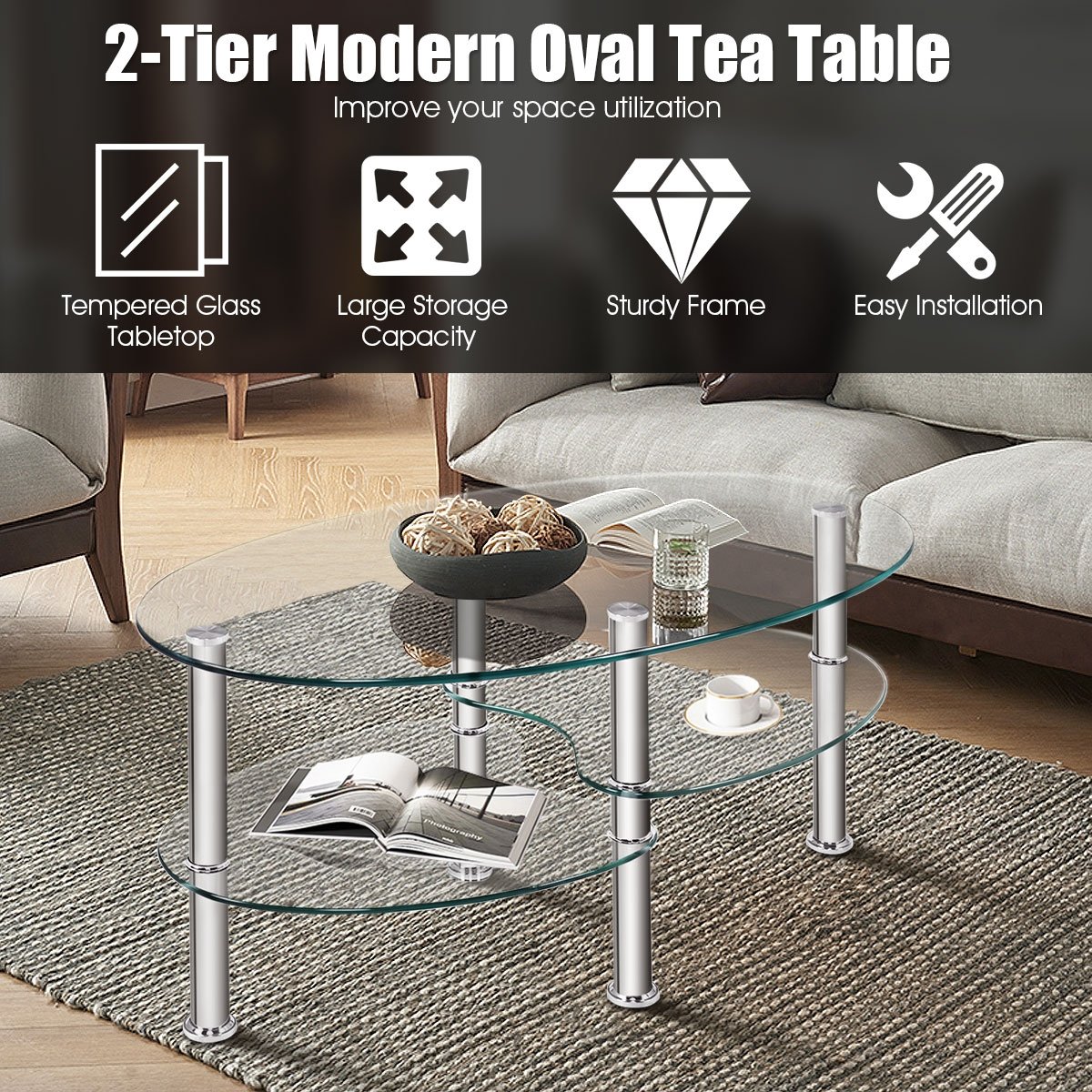 Oval Clear Tempered Glass Coffee Table with 2 Lower Shelves and Chrome Legs