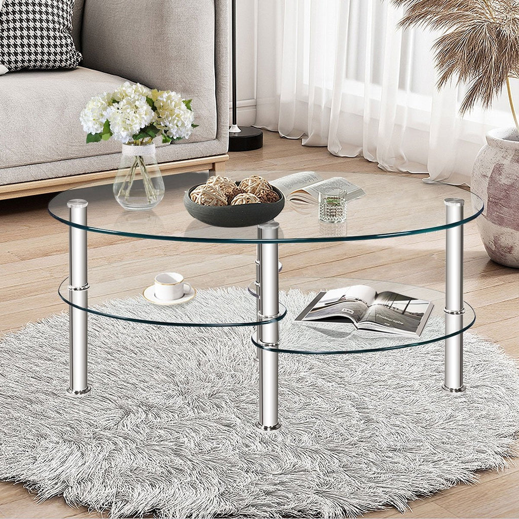 Oval Clear Tempered Glass Coffee Table with 2 Lower Shelves and Chrome Legs