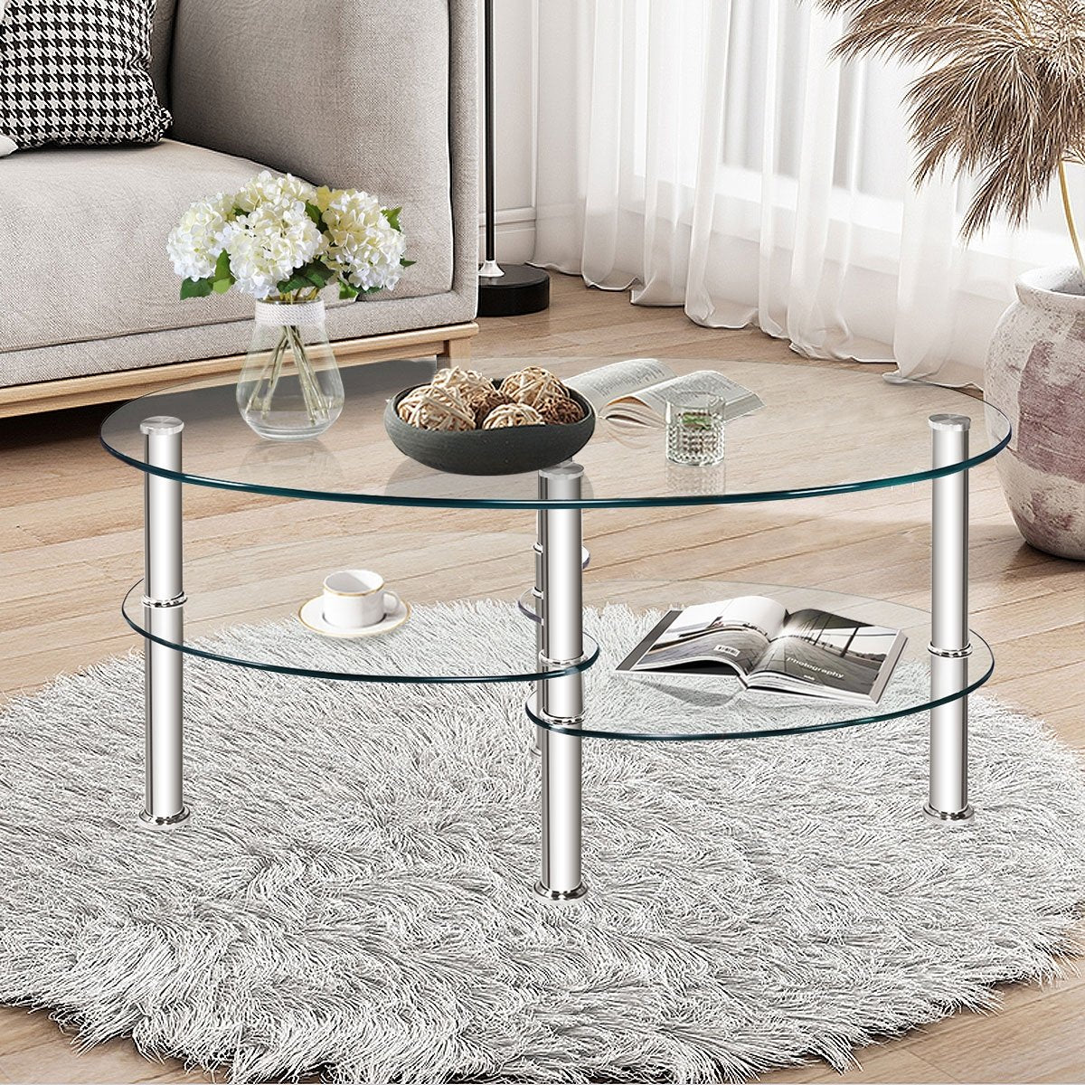 Oval Clear Tempered Glass Coffee Table with 2 Lower Shelves and Chrome Legs