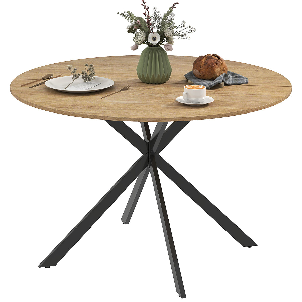 47" Round Kitchen Table for 4, Industrial Dining Table with Steel Legs for Dining Room, Brown and Black