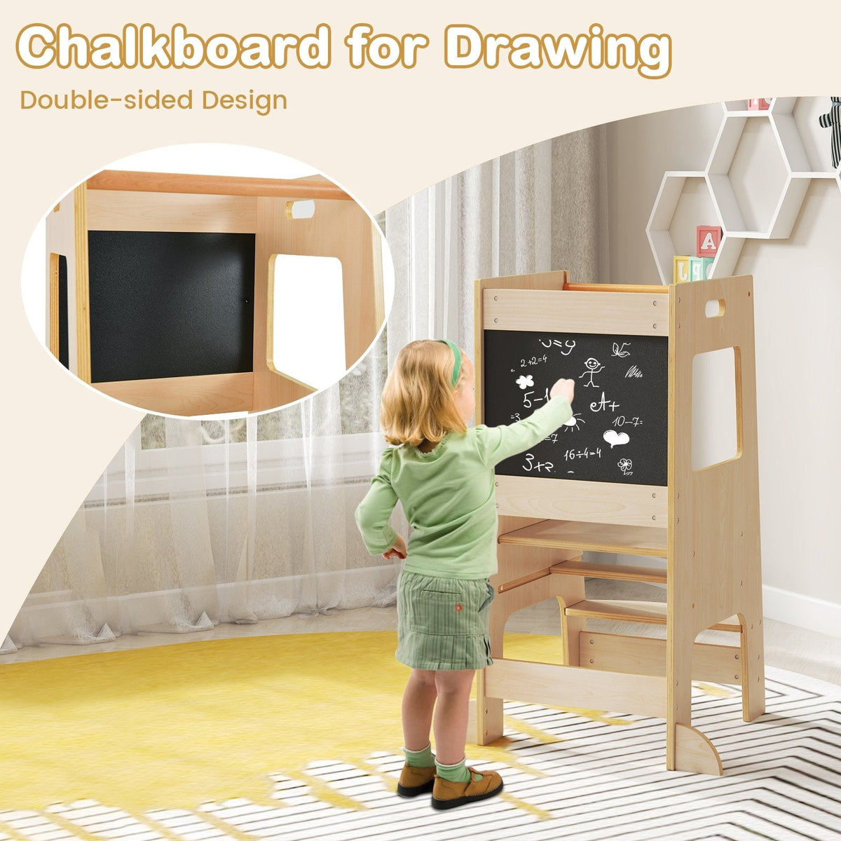Toddler Kitchen Step Stool with Activity Chalkboard and Adjustable Height-Natural