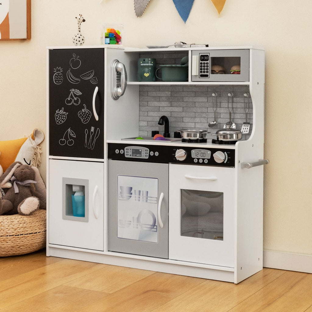 White Toddler Play Kitchen with Blackboard, Dishwasher, Ice Maker and Wall Fixing