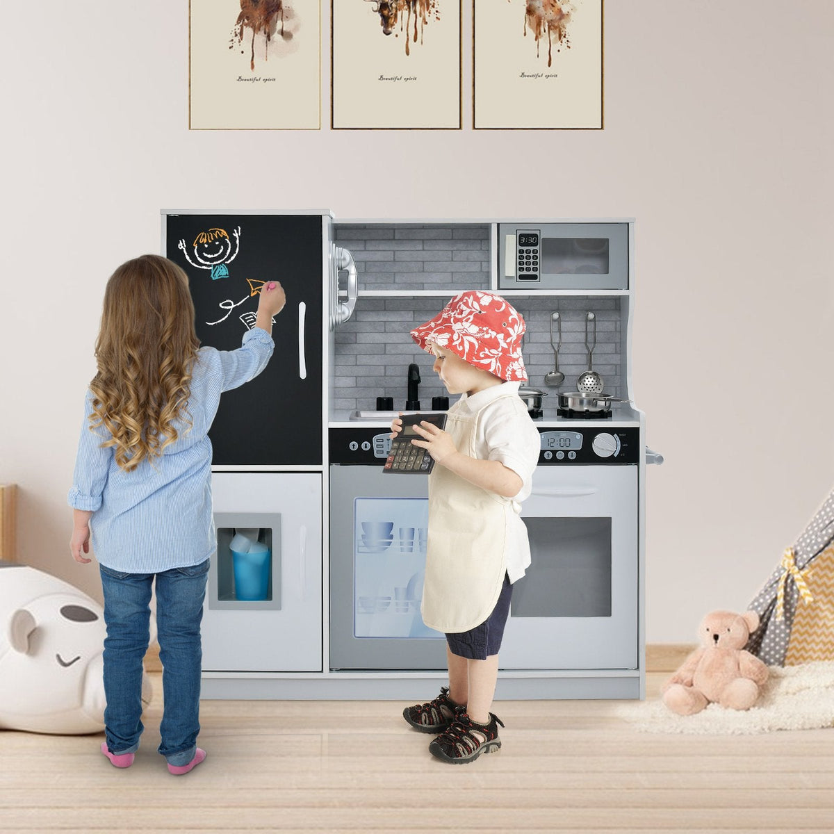 White Toddler Play Kitchen with Blackboard, Dishwasher, Ice Maker and Wall Fixing