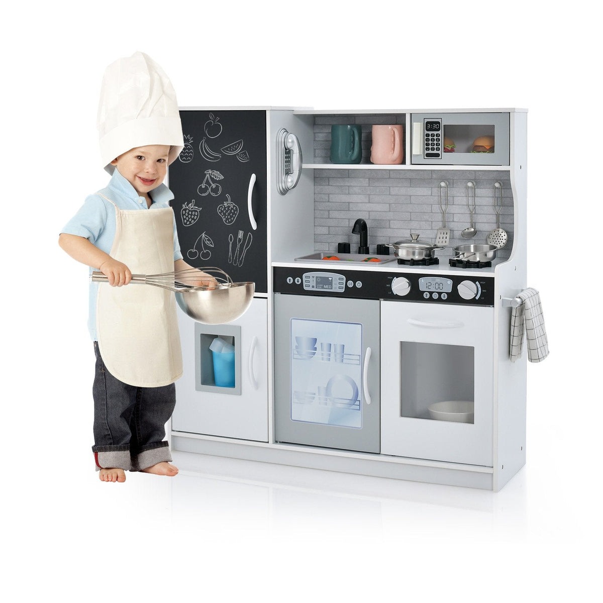 White Toddler Play Kitchen with Blackboard, Dishwasher, Ice Maker and Wall Fixing