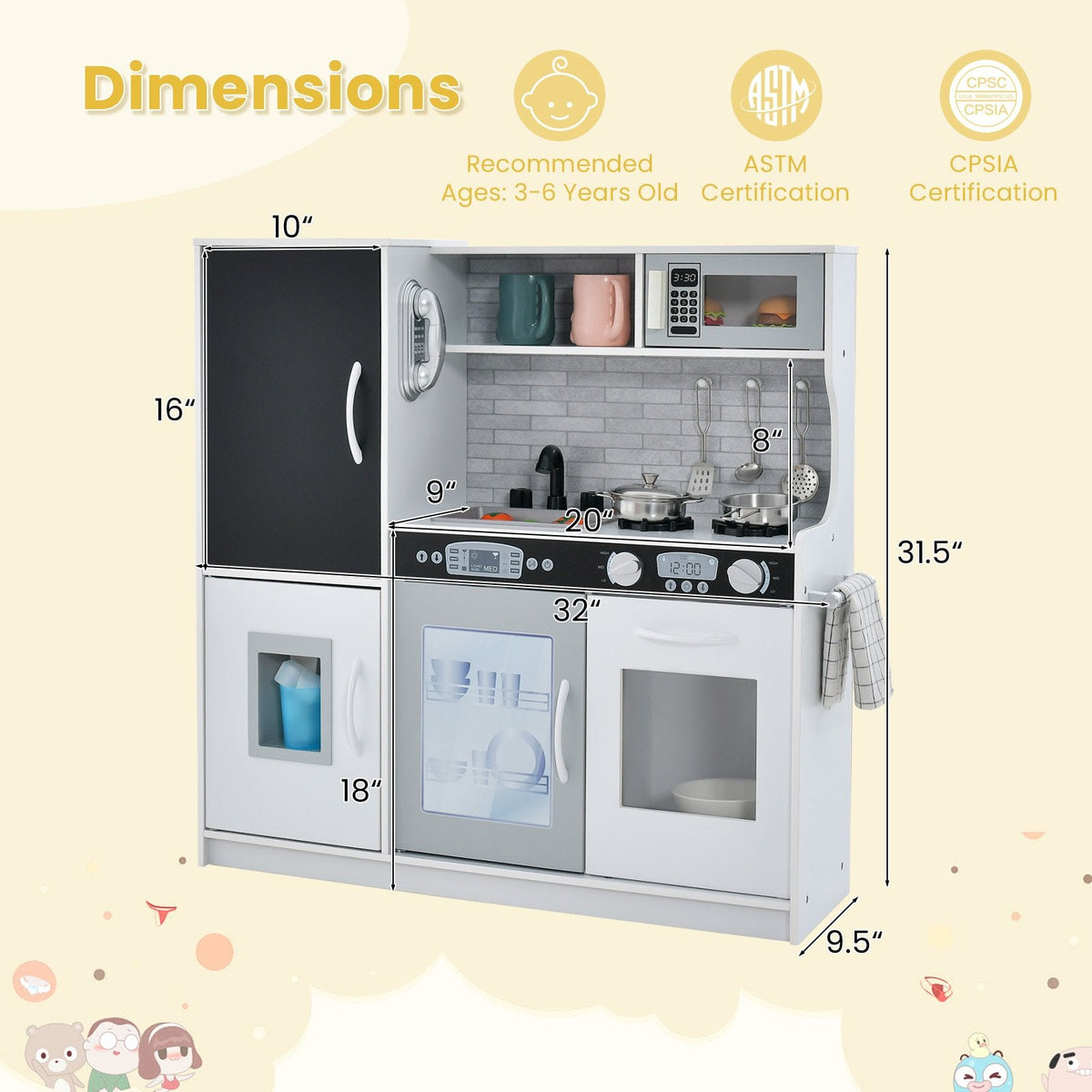 White Toddler Play Kitchen with Blackboard, Dishwasher, Ice Maker and Wall Fixing