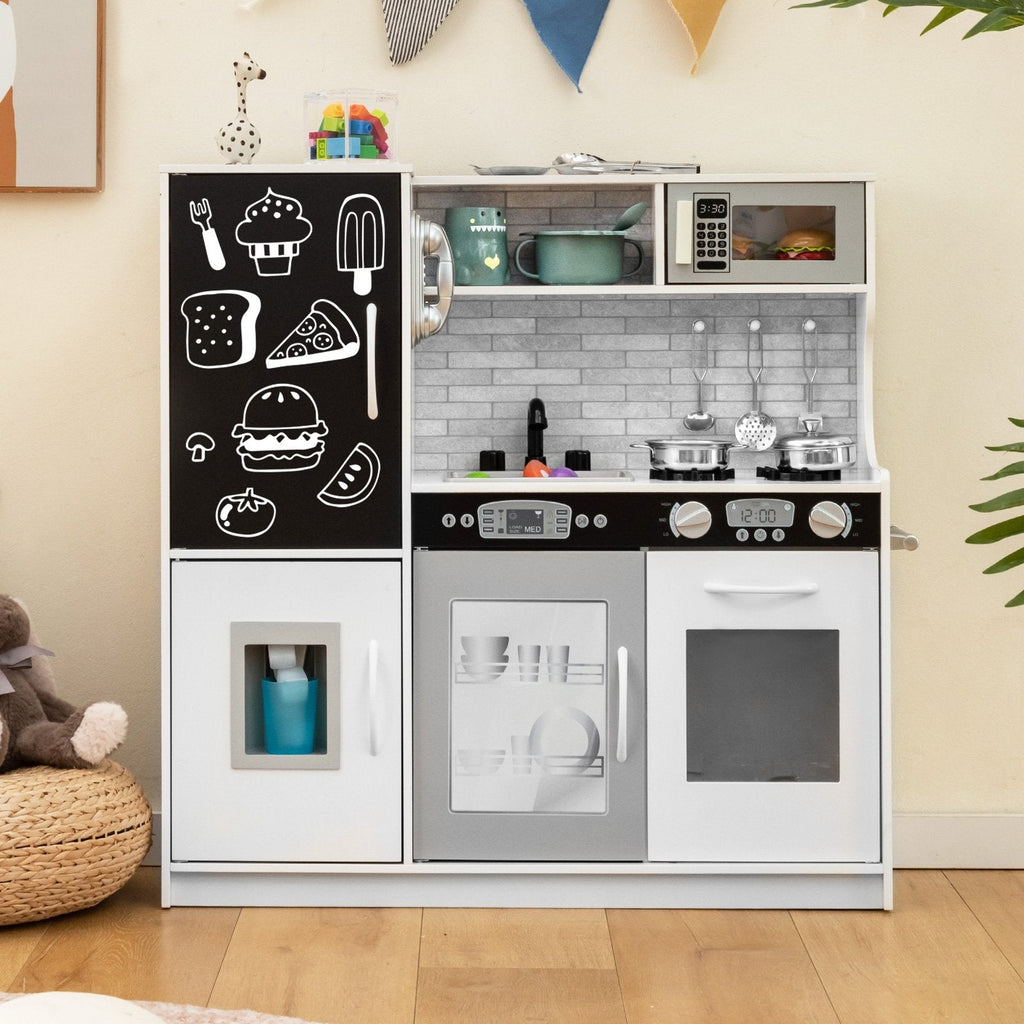 White Toddler Play Kitchen with Blackboard, Dishwasher, Ice Maker and Wall Fixing