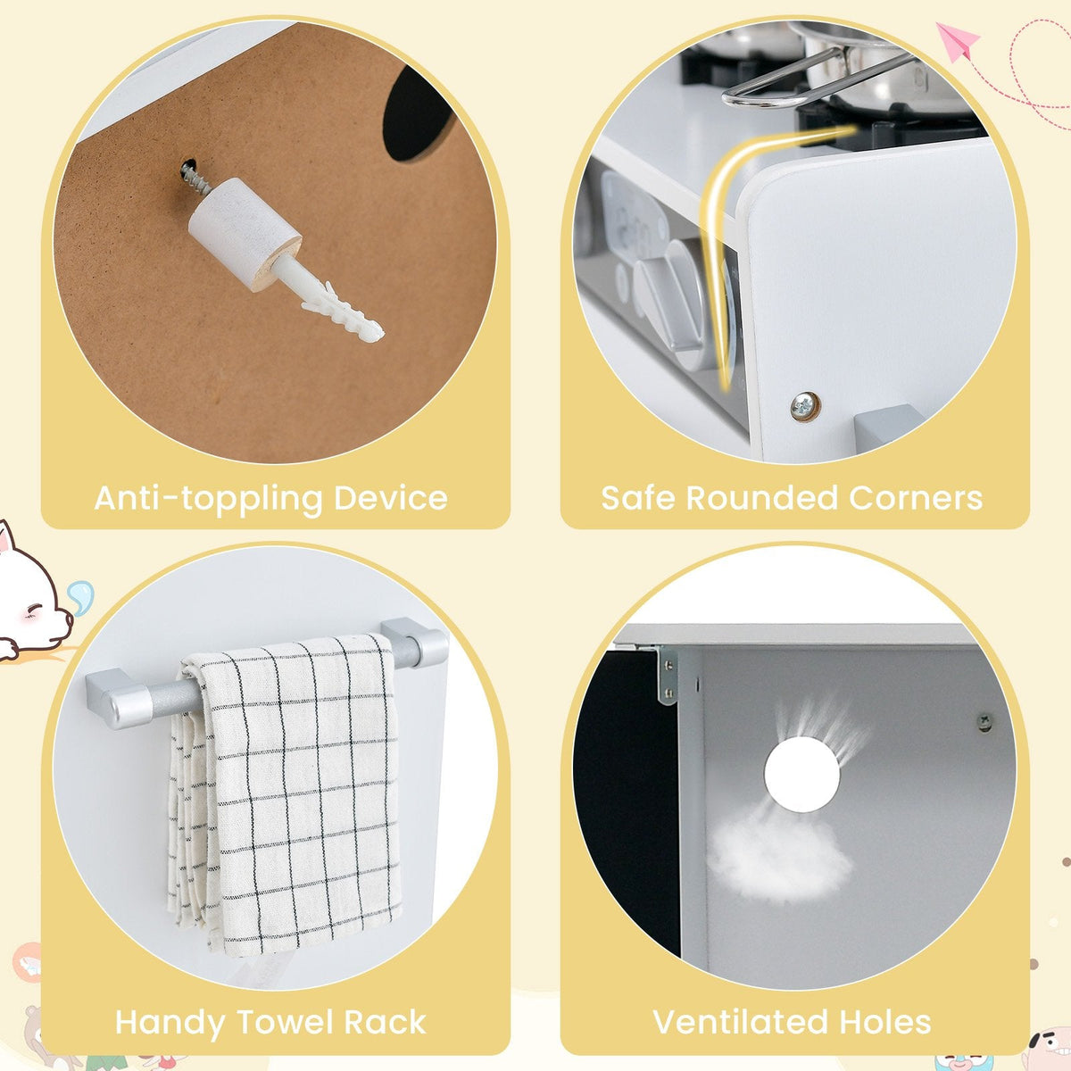 White Toddler Play Kitchen with Blackboard, Dishwasher, Ice Maker and Wall Fixing
