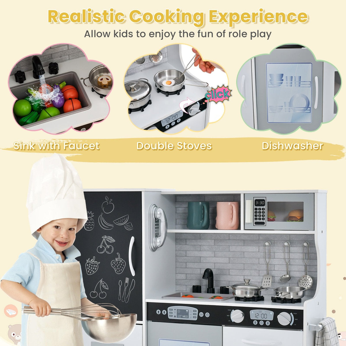 White Toddler Play Kitchen with Blackboard, Dishwasher, Ice Maker and Wall Fixing