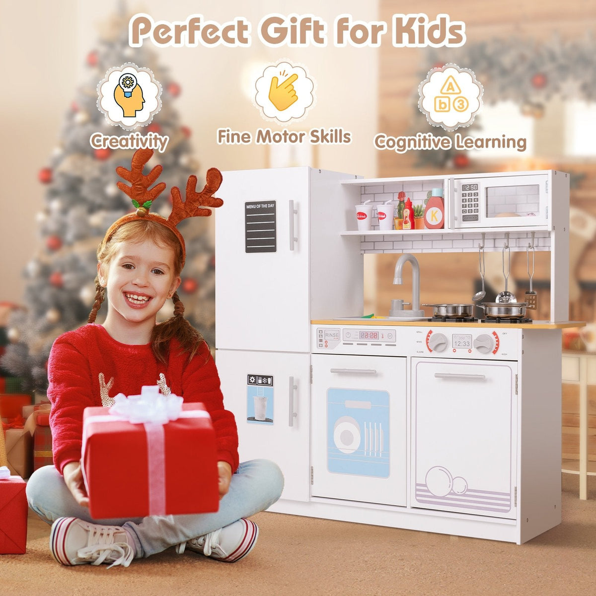 Toddler Pretend Play Kitchen Toy with Stove for 3+ Boys and Girls-White