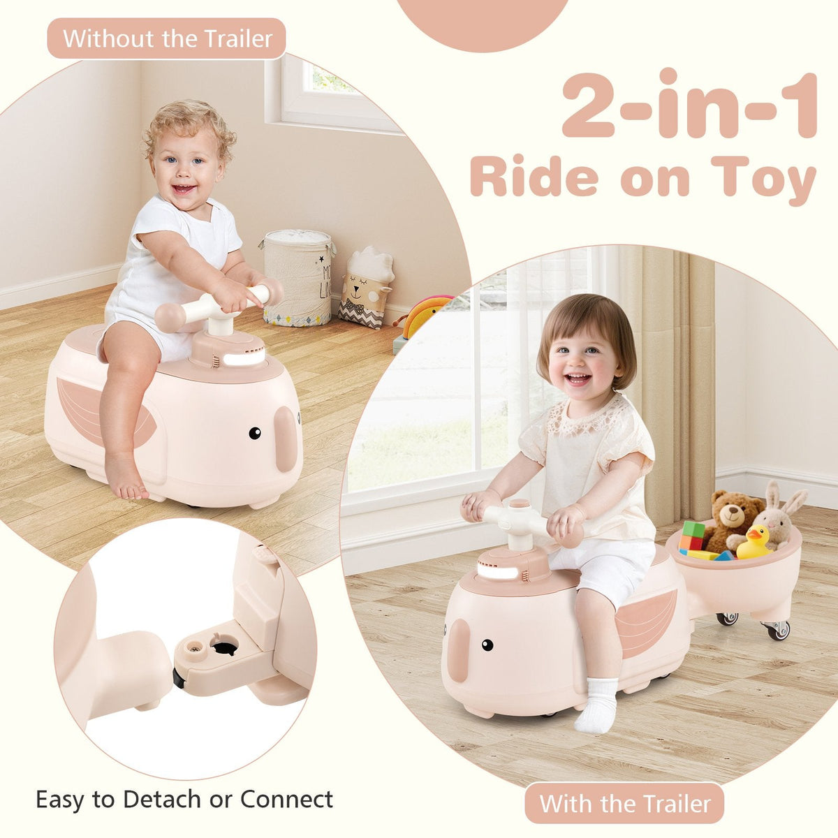 Toddler Ride on Toy with Trailer and Light Music-Beige