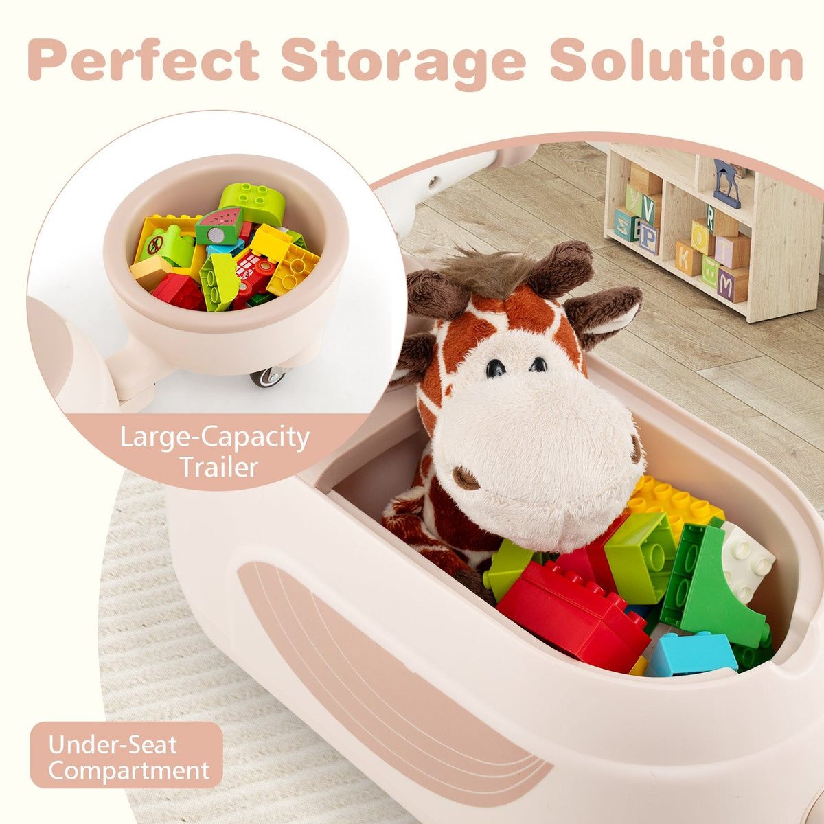 Toddler Ride on Toy with Trailer and Light Music-Beige