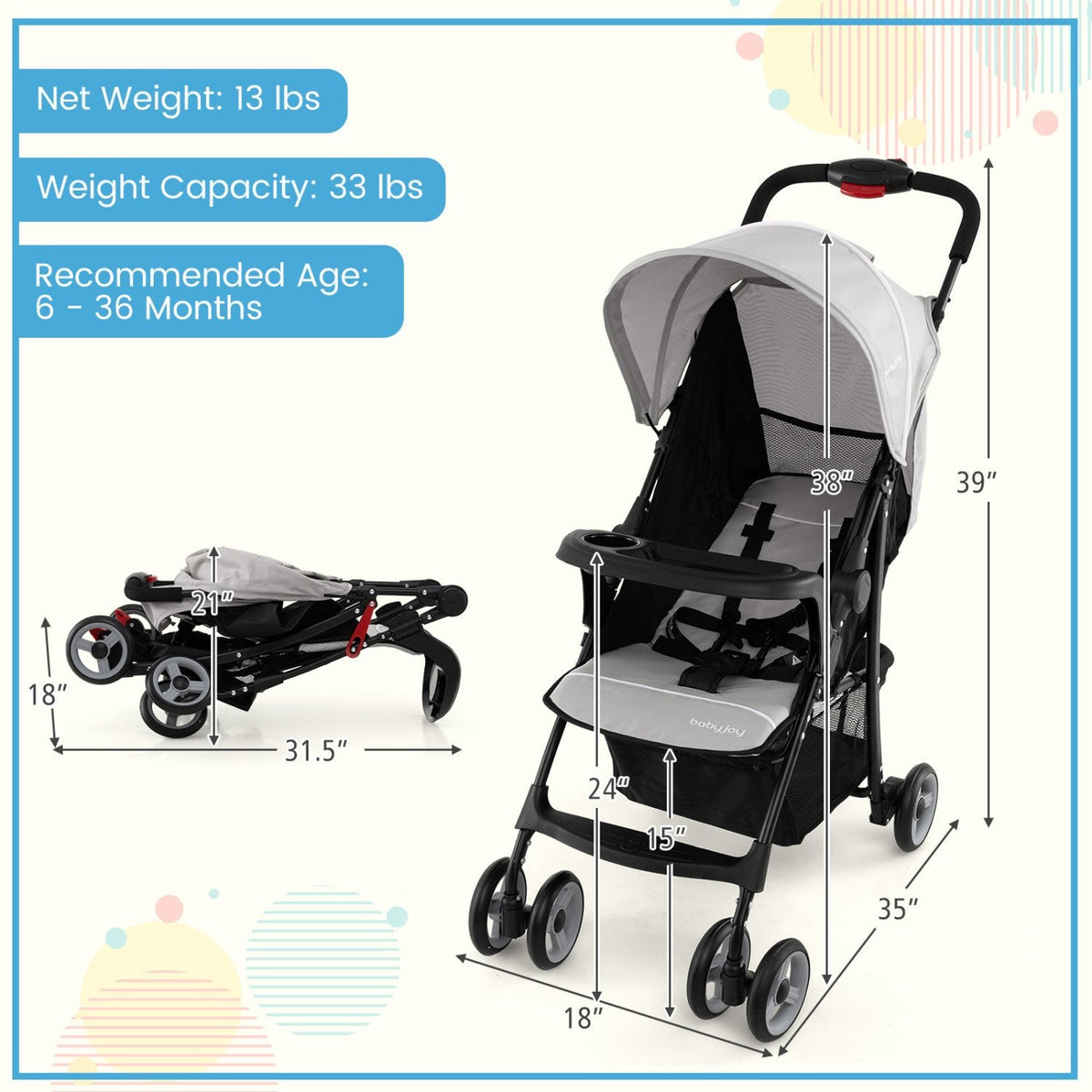 Toddler Travel Stroller for Airplane with Canopy and Adjustable Backrest-Gray