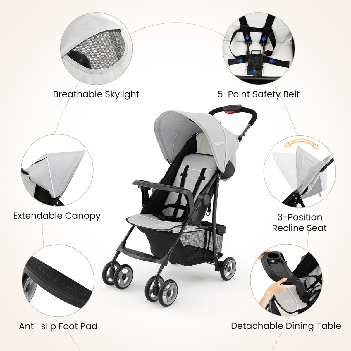 Toddler Travel Stroller for Airplane with Canopy and Adjustable Backrest-Gray