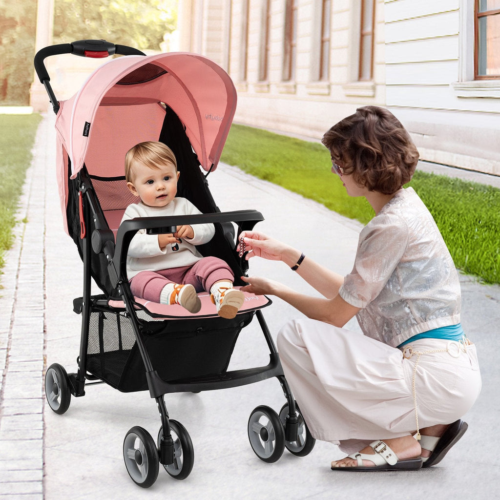 Toddler Travel Stroller for Airplane with Canopy and Adjustable Backrest-Pink