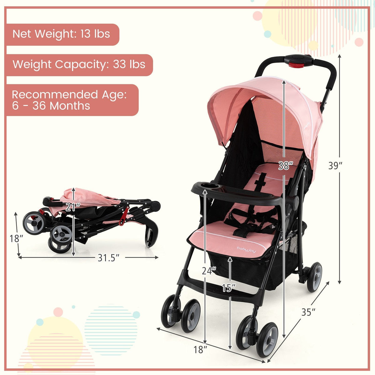 Toddler Travel Stroller for Airplane with Canopy and Adjustable Backrest-Pink