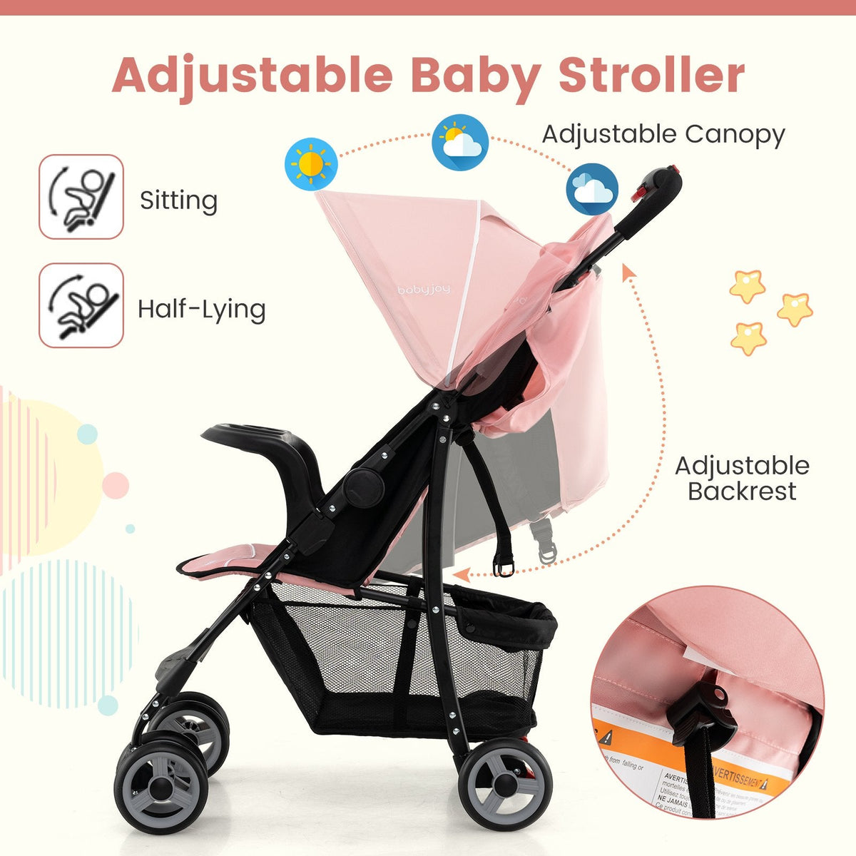 Toddler Travel Stroller for Airplane with Canopy and Adjustable Backrest-Pink