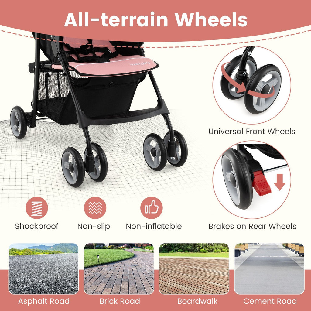 Toddler Travel Stroller for Airplane with Canopy and Adjustable Backrest-Pink