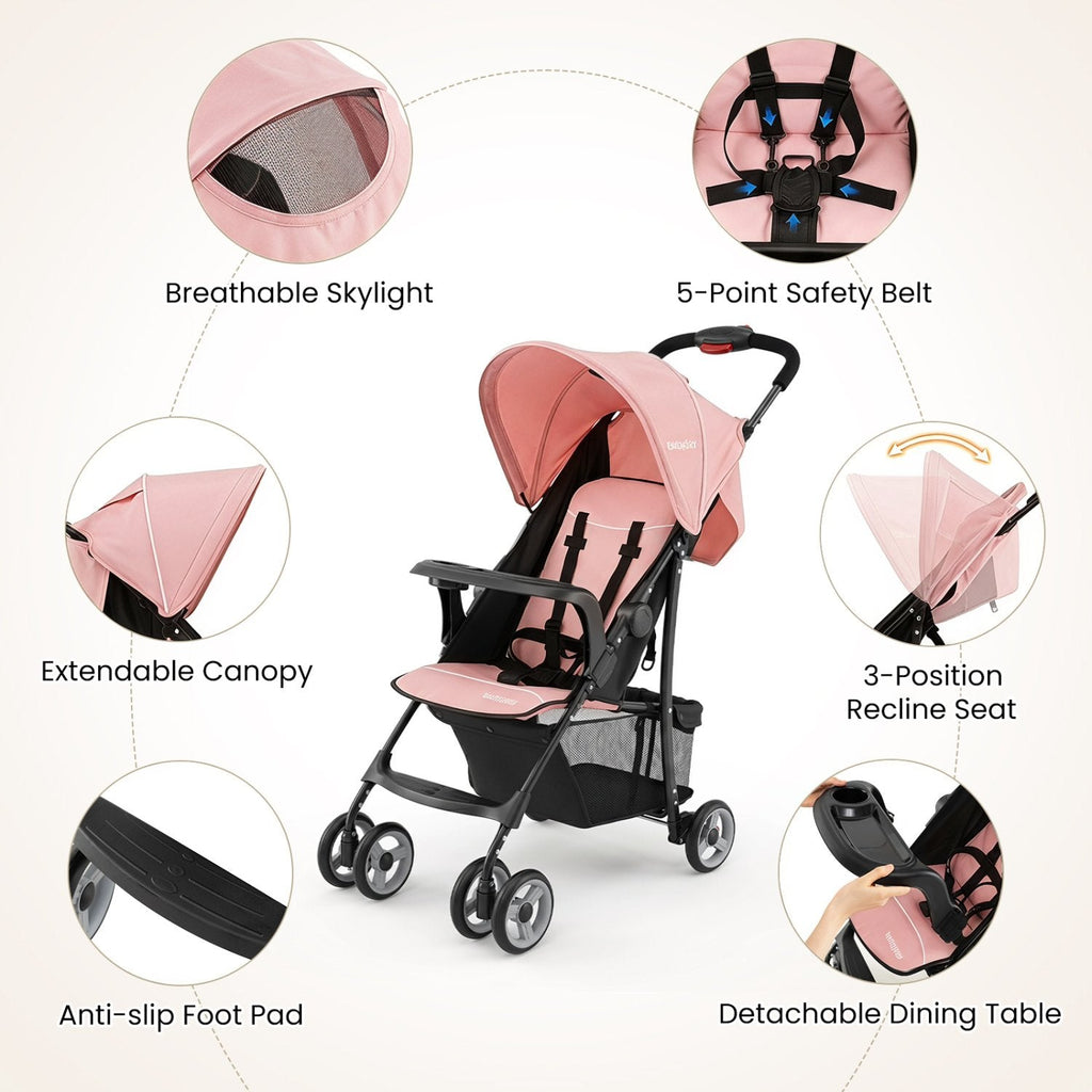 Toddler Travel Stroller for Airplane with Canopy and Adjustable Backrest-Pink