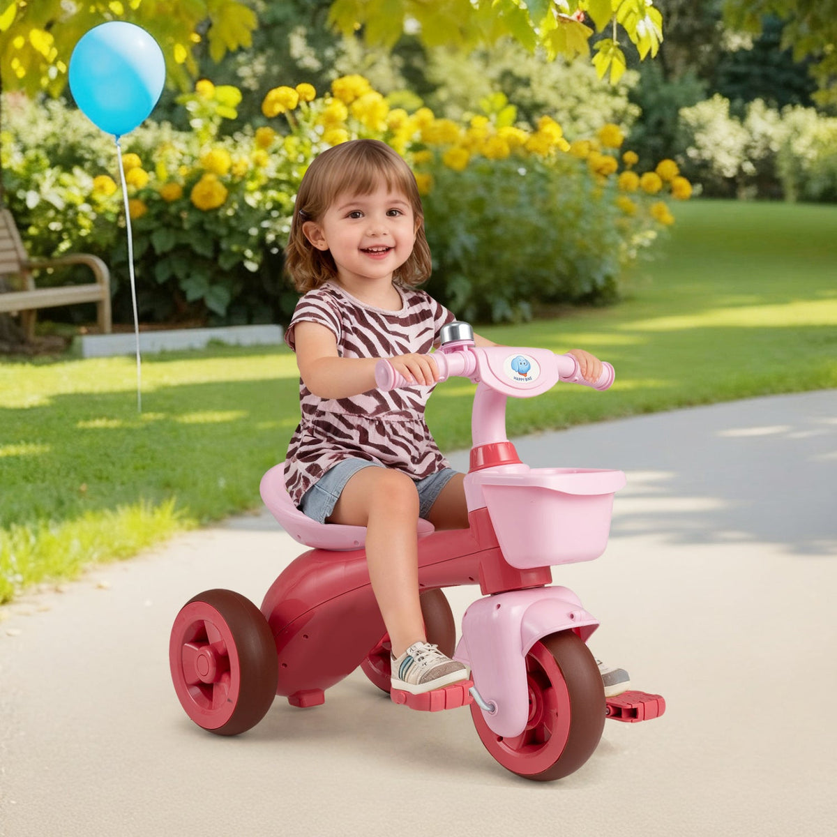 Toddler Tricycle with Limited Steering with Front Baskets and Bell-Pink