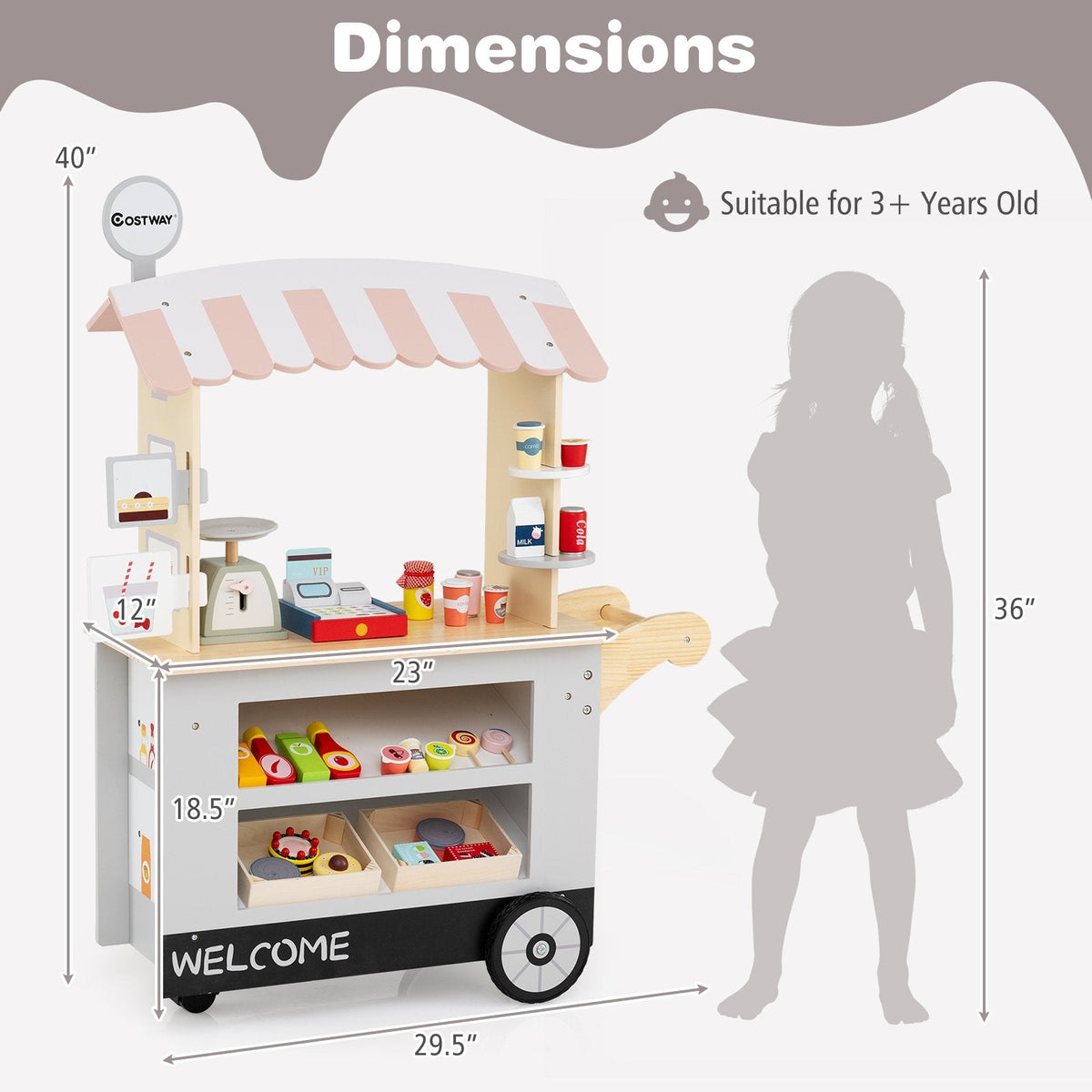 Toy Cart Play Set with POS Machine and Lovely Scale-Gray