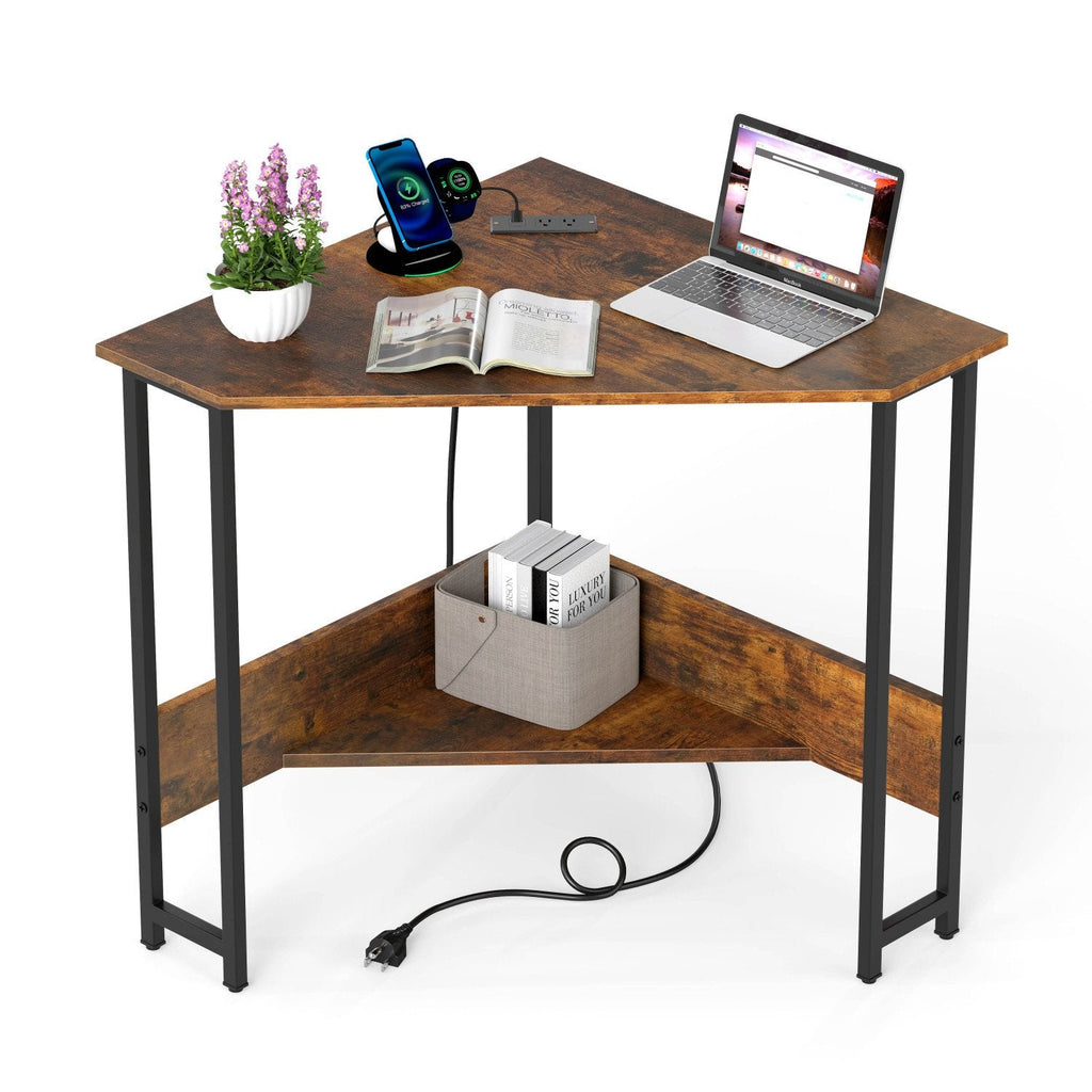 Triangle Computer Corner Desk with Charging Station-Rustic Brown