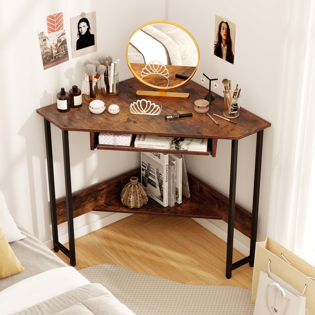 Triangle Corner Desk with Charging Station Keyboard Tray and Storage Shelf-Rustic Brown
