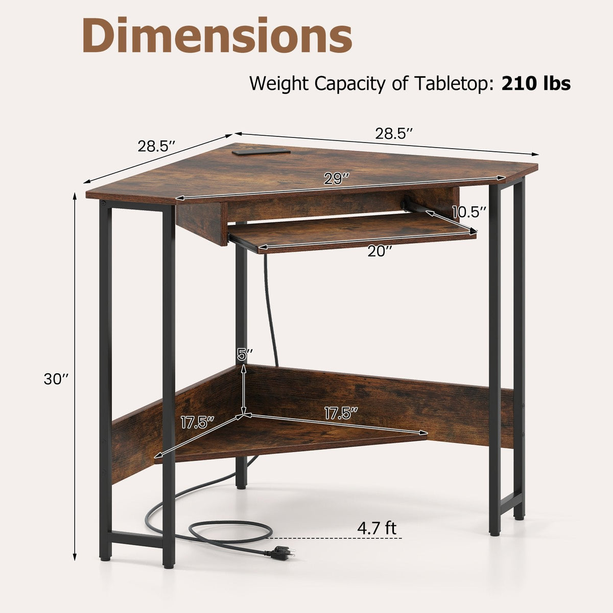 Triangle Corner Desk with Charging Station Keyboard Tray and Storage Shelf-Rustic Brown