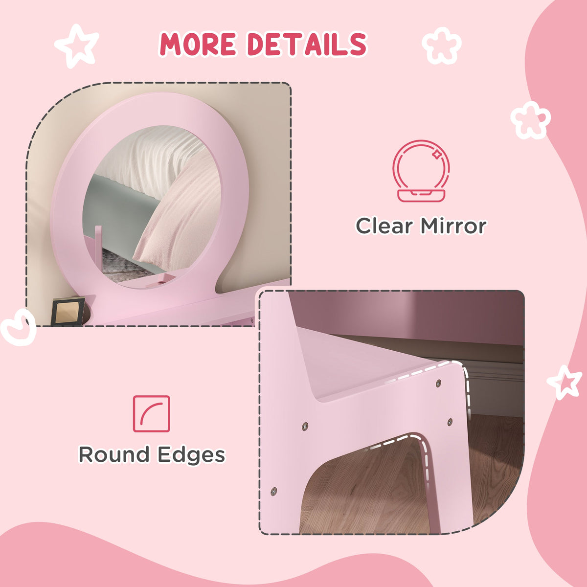Kids Vanity Set, Children Makeup Table with Mirror, Stool and Storage Drawers, for Ages 3-8, Pink